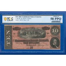 1864 $10 KONFEDERAČNÍ STÁTY BANKOVKA MĚNA T-68, PF-42 9 série, PCGS 58 PPQ #763